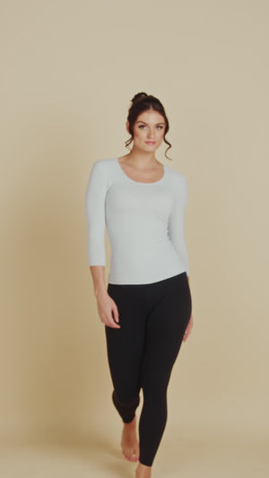 3/4 Sleeve Scoop Neck Luxury Layering Top or Shell in Light Grey made sustainably in the USA by Adea Clothing with silky soft Italian fabric runway video.