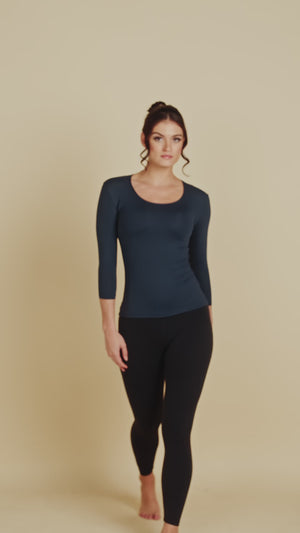 3/4 Sleeve Scoop Neck Luxury Layering Top or Shell in Dark Navy made sustainably in the USA by Adea Clothing with silky soft Italian fabric runway video.