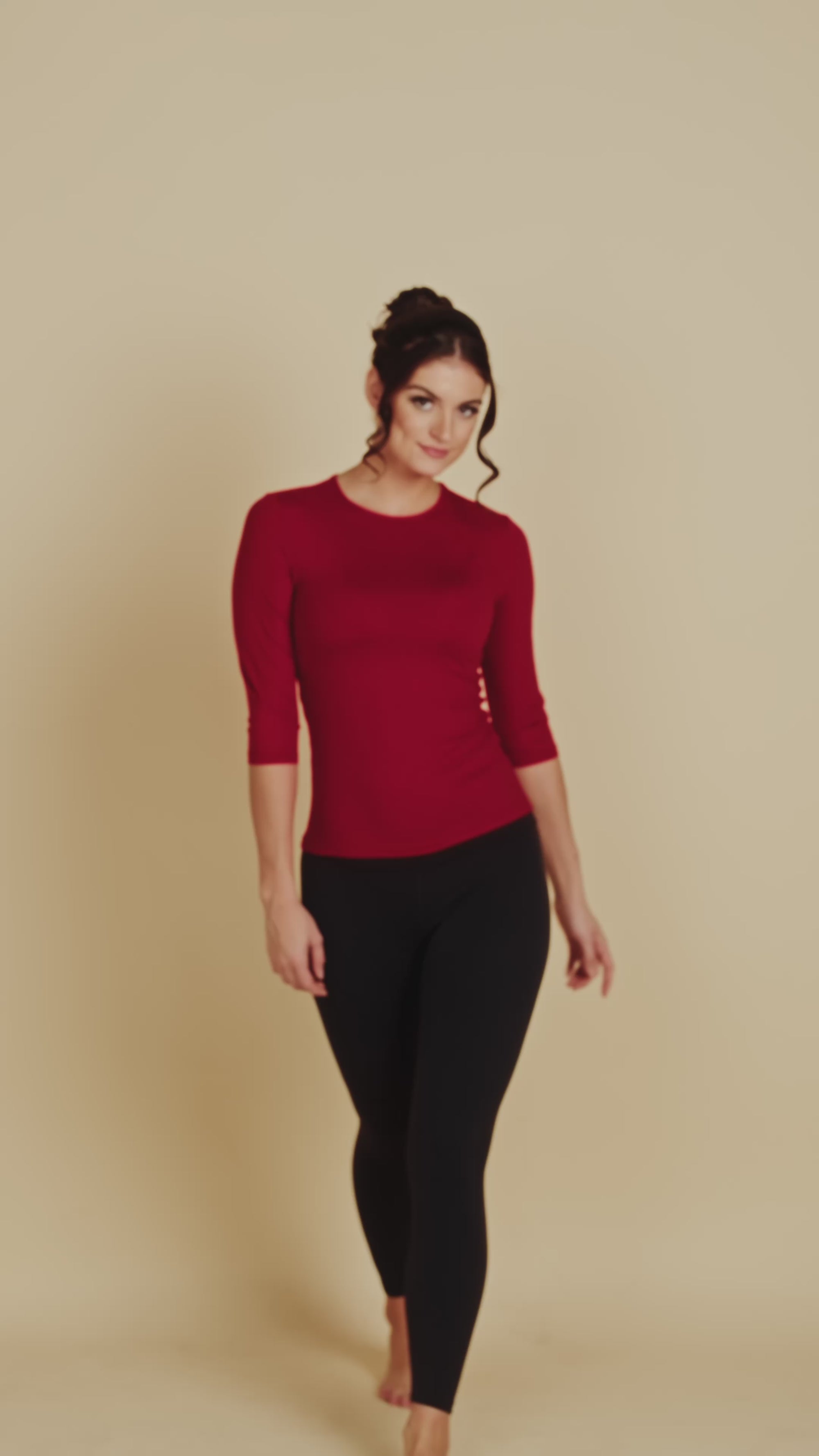 3/4 Sleeve Crew Neck Luxury Layering Top or Shell in Plum made sustainably in the USA by Adea Clothing with silky soft Italian fabric V-neck runway video.