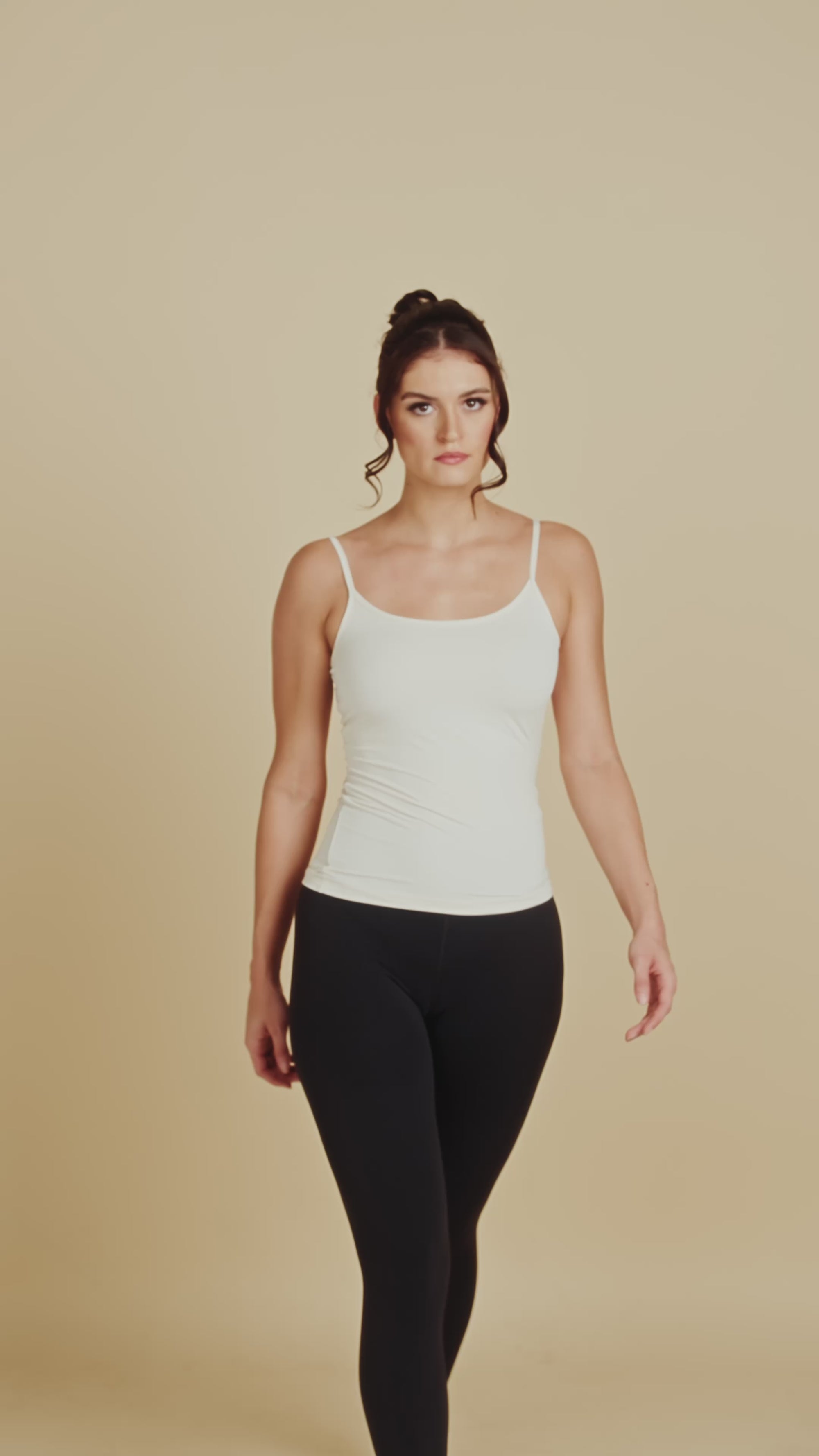 Spaghetti Strap Luxury Camisole in Off-White made sustainably in the USA by Adea Clothing with silky soft Italian fabric runway video