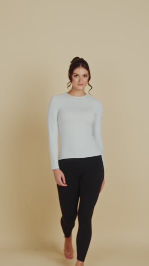 Long Sleeve Crew Neck Luxury Layering Top or Shell in Light Grey made sustainably in the USA by Adea Clothing with silky soft Italian fabric runway video