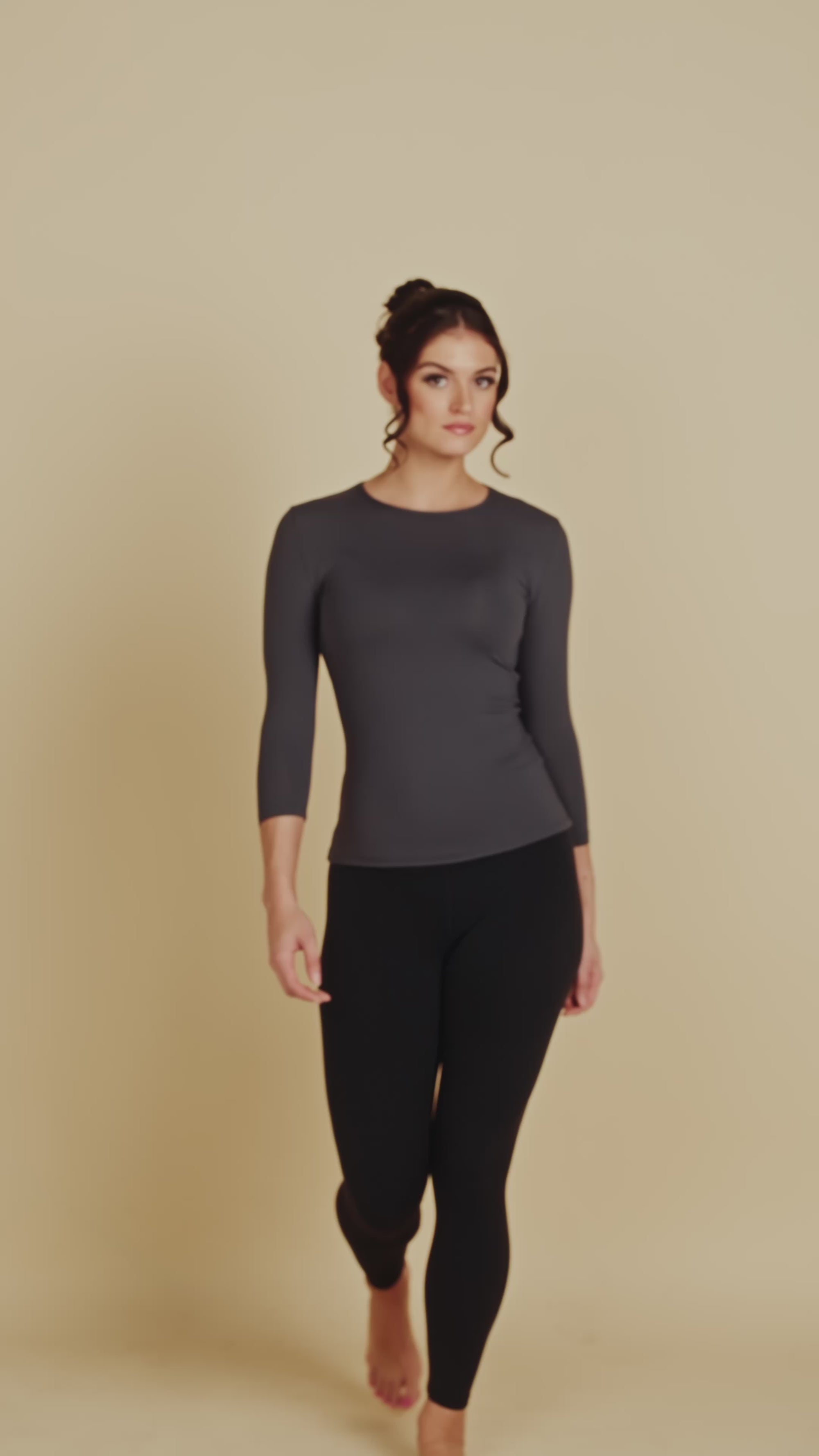 3/4 Sleeve Crew Neck Luxury Layering Top or Shell in Plum made sustainably in the USA by Adea Clothing with silky soft Italian fabric V-neck runway video.