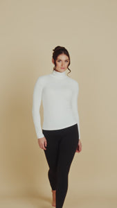 Long Sleeve Turtleneck Luxury Layering Top or Shell in White made sustainably in the USA by Adea Clothing with silky soft Italian fabric runway video