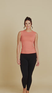 Sleeveless Crew Neck Luxury Layering Top or Shell in Apricot made sustainably in the USA by Adea Clothing with silky soft Italian fabric runway video.