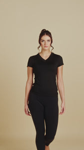 Cap Sleeve V-Neck Luxury Layering Top in Black made sustainably in the USA by Adea Clothing with silky soft Italian fabric runway video.
