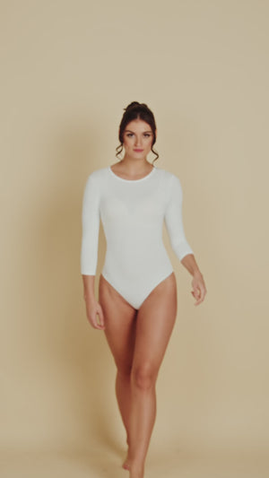 3/4 Sleeve Crew Neck Luxury Bodysuit in White made sustainably in the USA by Adea Clothing with silky soft Italian fabric runway video.