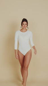 3/4 Sleeve Crew Neck Luxury Bodysuit in White made sustainably in the USA by Adea Clothing with silky soft Italian fabric runway video.