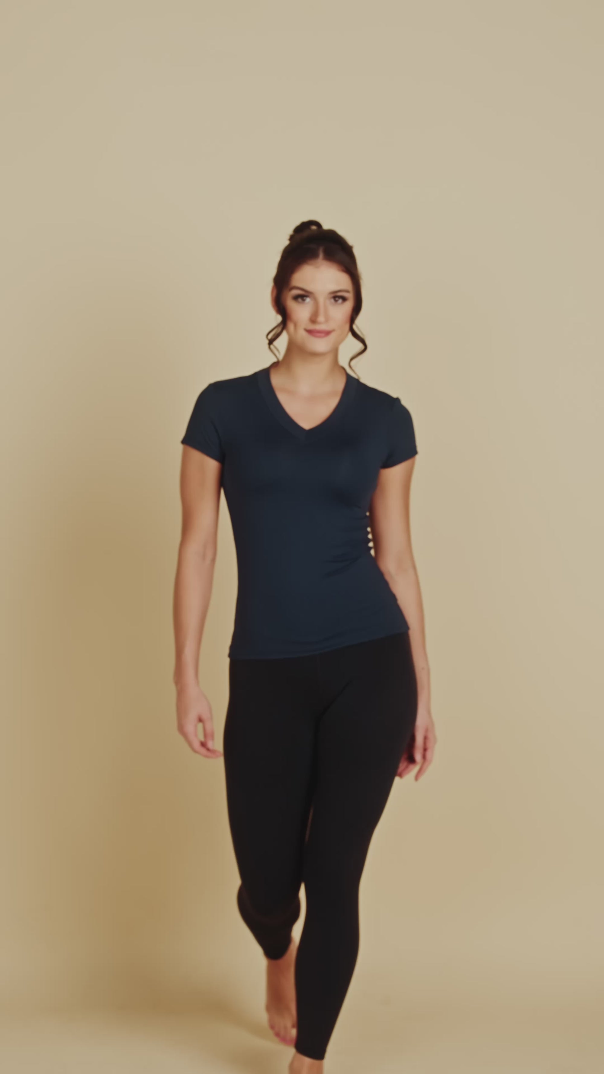 Cap Sleeve V-Neck Luxury Layering Top in Dark Navy made sustainably in the USA by Adea Clothing with silky soft Italian fabric runway video.