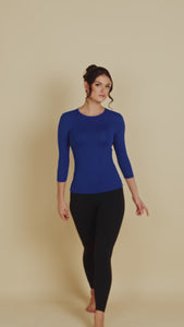 3/4 Sleeve Crew Neck Luxury Layering Top or Shell in Plum made sustainably in the USA by Adea Clothing with silky soft Italian fabric V-neck runway video