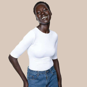 3/4 Sleeve Crew Neck Luxury Layering Top or Shell in White made sustainably in the USA by Adea Clothing with silky soft Italian fabric. Front view.