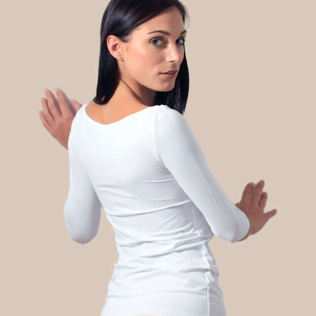 3/4 Sleeve Boatneck Layering Top or Shell in White - FINAL SALE made sustainably in the USA by Adea Clothing with silky soft Italian fabric front view.