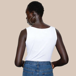 Bra-Friendly Luxury Camisole (Tank Top) in White made sustainably in the USA by Adea Clothing with silky soft Italian fabric back view.
