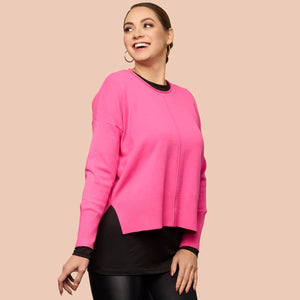 Long Sleeve Crew Neck Tunic Luxury Layering Top or Shell in Black shown layered under pink sweater made sustainably in the USA by Adea Clothing with silky soft Italian fabric.