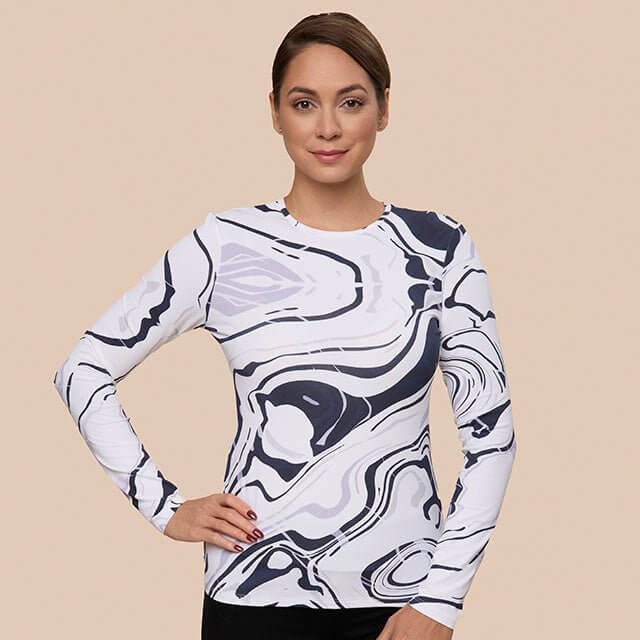 Long Sleeve Crew Neck (Discontinued Color)- FINAL SALE worn by model, showcasing the Mod Marble design from Adea Clothing.