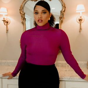 Shine Rib High Neck Layering Top In Violet- FINAL SALE made sustainably in the USA by Adea Clothing with silky soft Italian fabric front view.