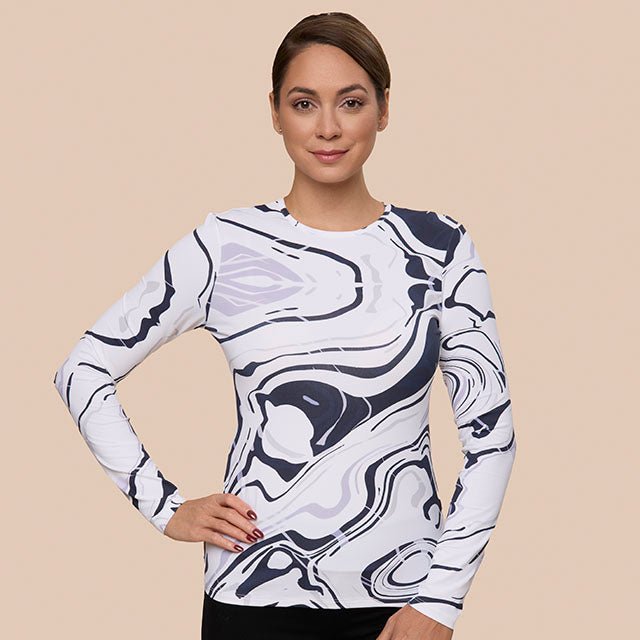 Long Sleeve Crew Neck Luxury Layering Top In Mod Marble, Front View - Adea - Everyday Luxury