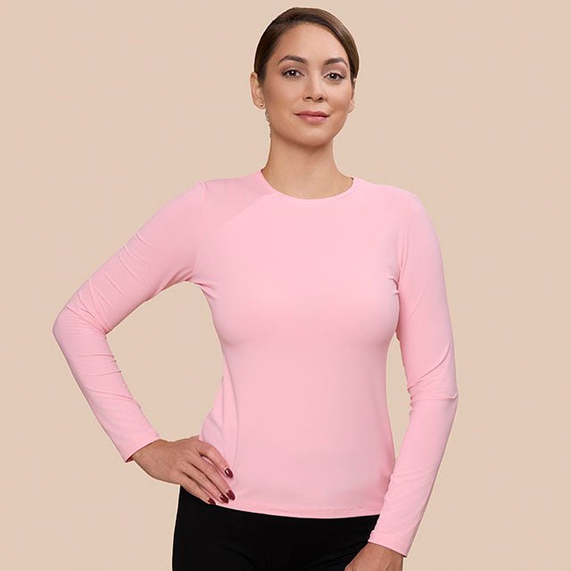 Long Sleeve Crew Neck Top Luxury Layering In Pretty Pink, Front View - Adea - Everyday Luxury