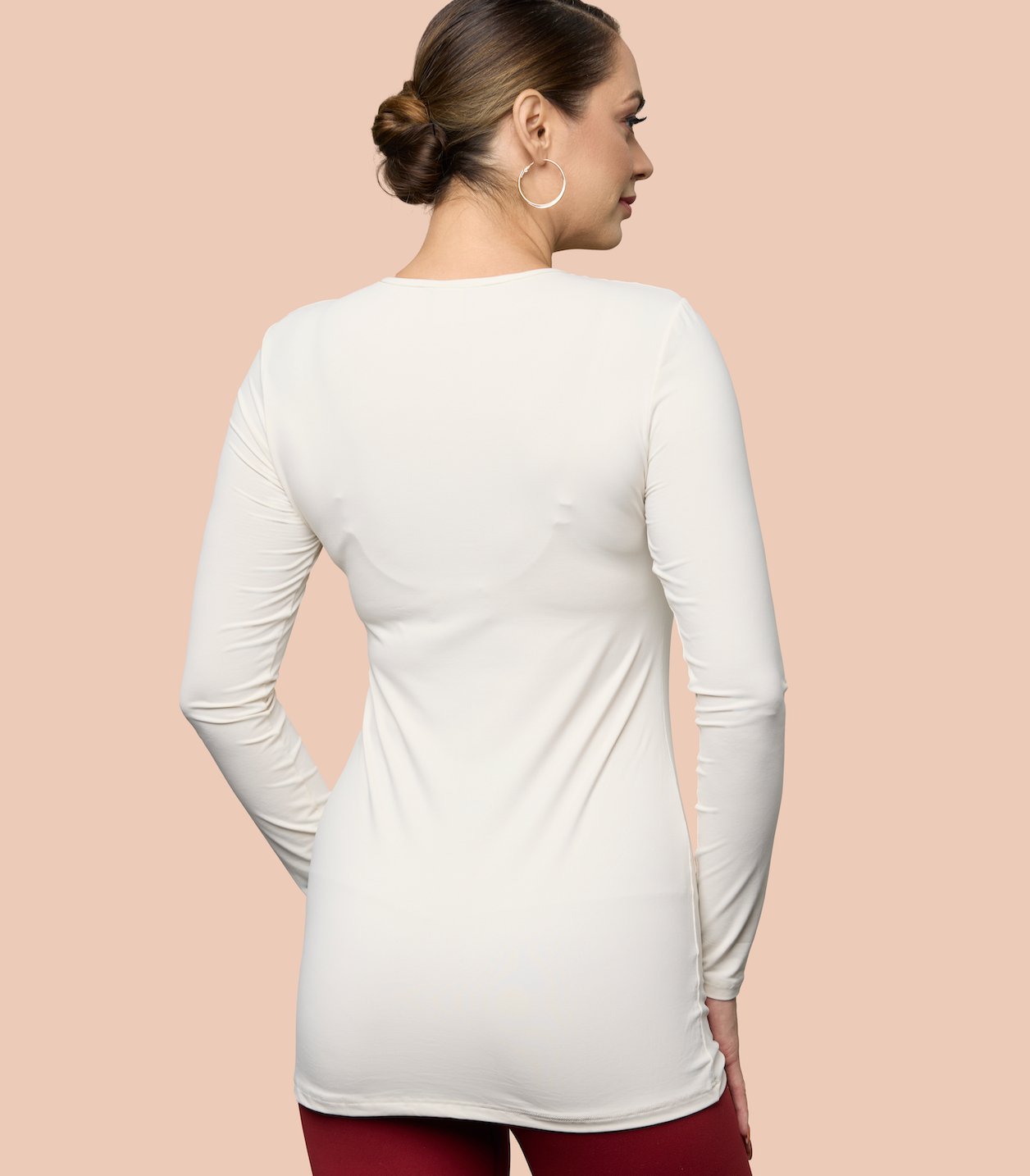 Long Sleeve Crew Neck Tunic Luxury Layering Top in Off-White, Back View - Adea - Everyday Luxury