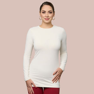 Long Sleeve Crew Neck Tunic Luxury Layering Top in Off-White, Front View - Adea - Everyday Luxury