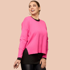 Long Sleeve Crew Neck Tunic Luxury Layering Top in Black shown layered under pink sweater - Adea - Everyday Luxury