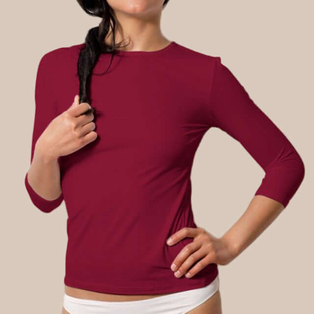 3/4 Sleeve Crew Neck Luxury Layering Top or Shell in Black made sustainably in the USA by Adea Clothing with silky soft Italian fabric V-neck front view.