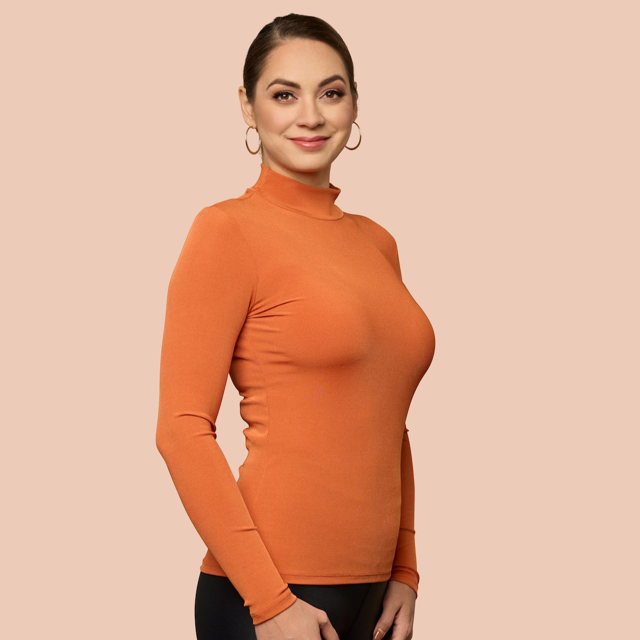 Rib Mock Neck Luxury Layering Top in Orange Tea - FINAL SALE made sustainably in the USA by Adea Clothing with silky soft Italian fabric front view