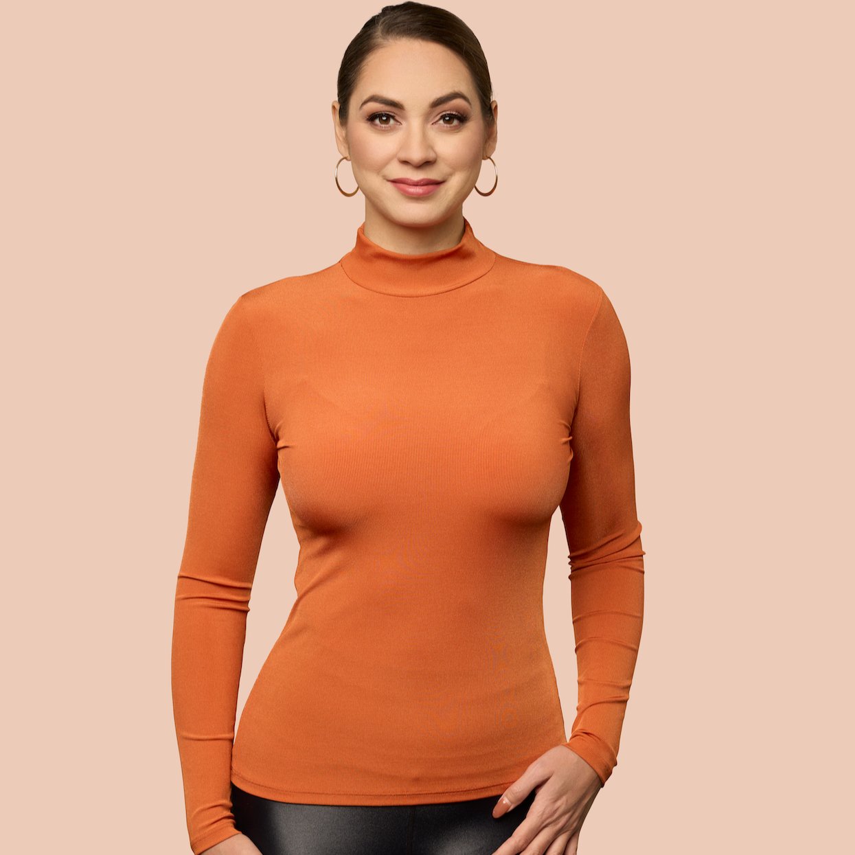 Rib Mock Neck Luxury Layering Top in Orange Tea - FINAL SALE made sustainably in the USA by Adea Clothing with silky soft Italian fabric front view