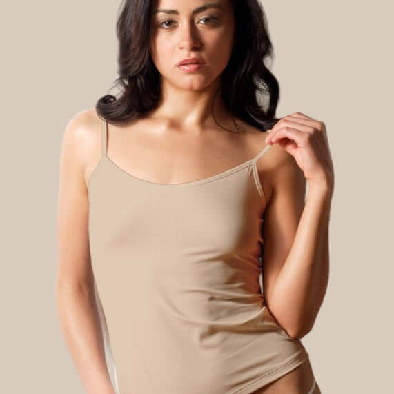 #color_nude Spaghetti Strap Luxury Camisole - FINAL SALE made sustainably in the USA by Adea Clothing with silky soft Italian fabric V-neck front view.